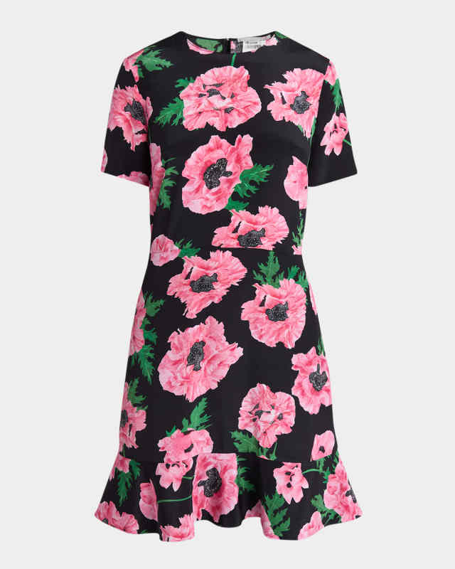 Poppy-Print Short-Sleeve Ruffle Mini Dress
